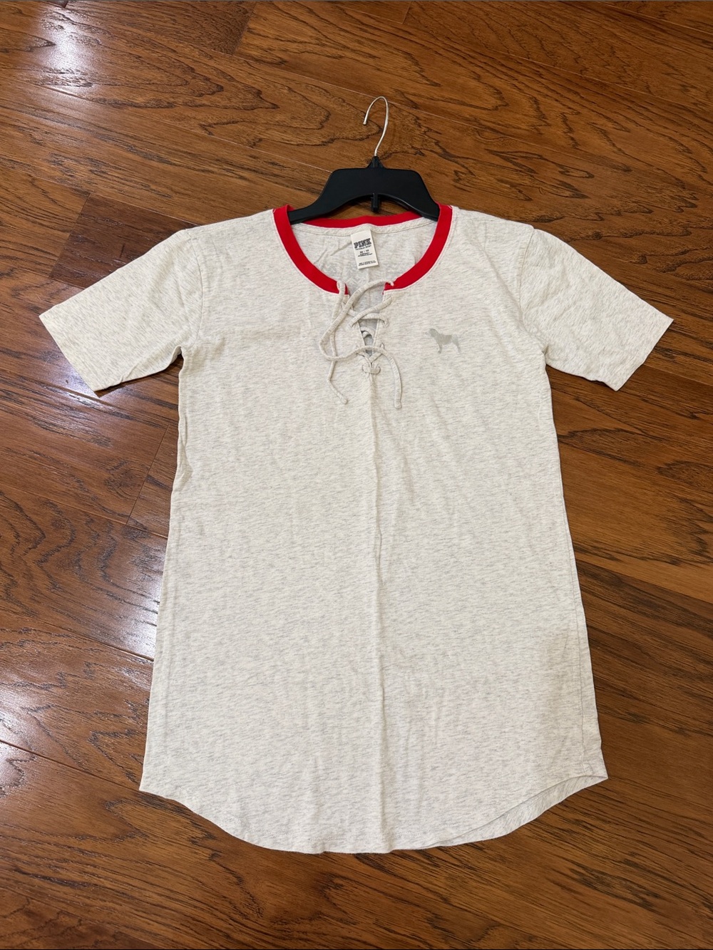 PINK Lace-Up Tee-dress with Red Trim